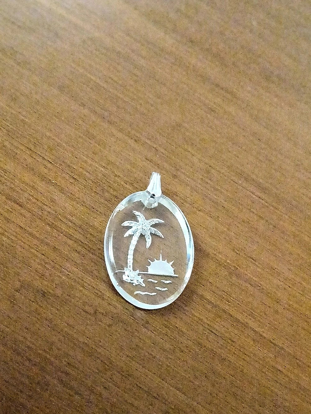 Vintage Reverse Carved Silver Toned Tropical Island Pendant 1" Lucite Acrylic